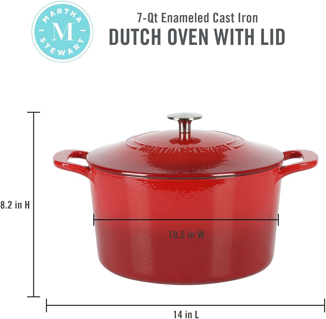 MARTHA STEWART Gatwick 7-Quart Enamel Cast Iron Dutch Oven – Red Ombre – Heavy-Duty Dutch Oven for Slow Cooking, Braising & Baking - Image 2