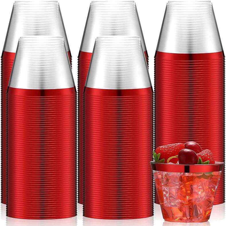 Lounsweer 100 Pcs 9oz Rimmed Plastic Cups Christmas Clear Cocktail Cups Heavy Duty Disposable Wine Glasses for Birthday Bridal Shower Baby Shower Holiday Celebrations(Red) - Image 1