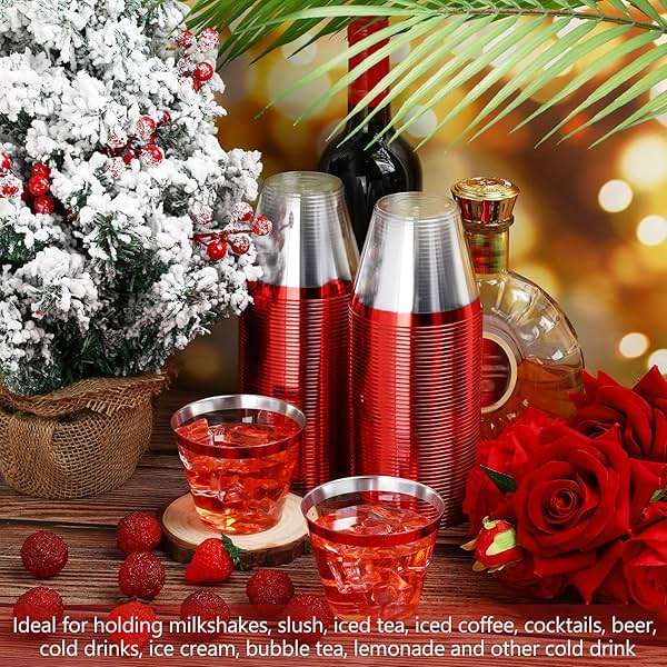 Lounsweer 100 Pcs 9oz Rimmed Plastic Cups Christmas Clear Cocktail Cups Heavy Duty Disposable Wine Glasses for Birthday Bridal Shower Baby Shower Holiday Celebrations(Red) - Image 2