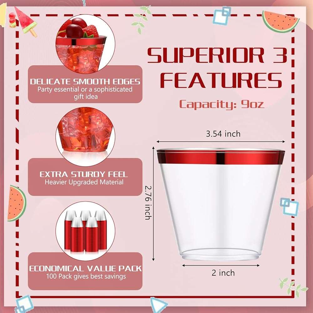 Lounsweer 100 Pcs 9oz Rimmed Plastic Cups Christmas Clear Cocktail Cups Heavy Duty Disposable Wine Glasses for Birthday Bridal Shower Baby Shower Holiday Celebrations(Red) - Image 3