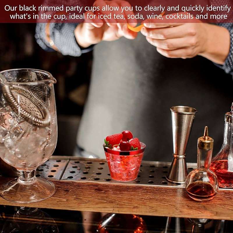 Lounsweer 100 Pcs 9oz Rimmed Plastic Cups Christmas Clear Cocktail Cups Heavy Duty Disposable Wine Glasses for Birthday Bridal Shower Baby Shower Holiday Celebrations(Red) - Image 4