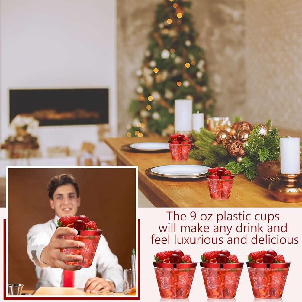 Lounsweer 100 Pcs 9oz Rimmed Plastic Cups Christmas Clear Cocktail Cups Heavy Duty Disposable Wine Glasses for Birthday Bridal Shower Baby Shower Holiday Celebrations(Red) - Image 6