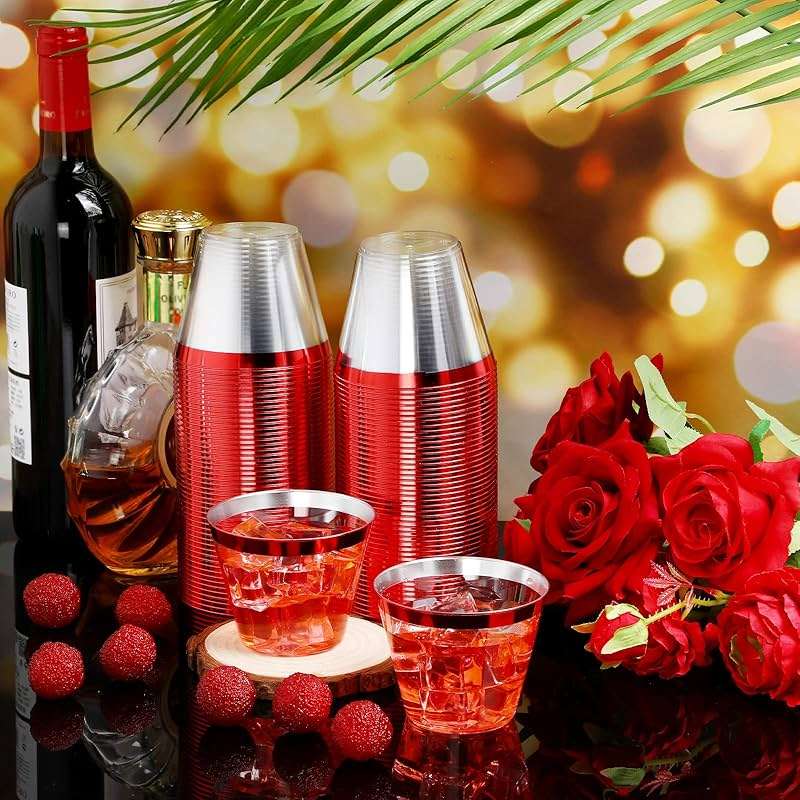 Lounsweer 100 Pcs 9oz Rimmed Plastic Cups Christmas Clear Cocktail Cups Heavy Duty Disposable Wine Glasses for Birthday Bridal Shower Baby Shower Holiday Celebrations(Red) - Image 7