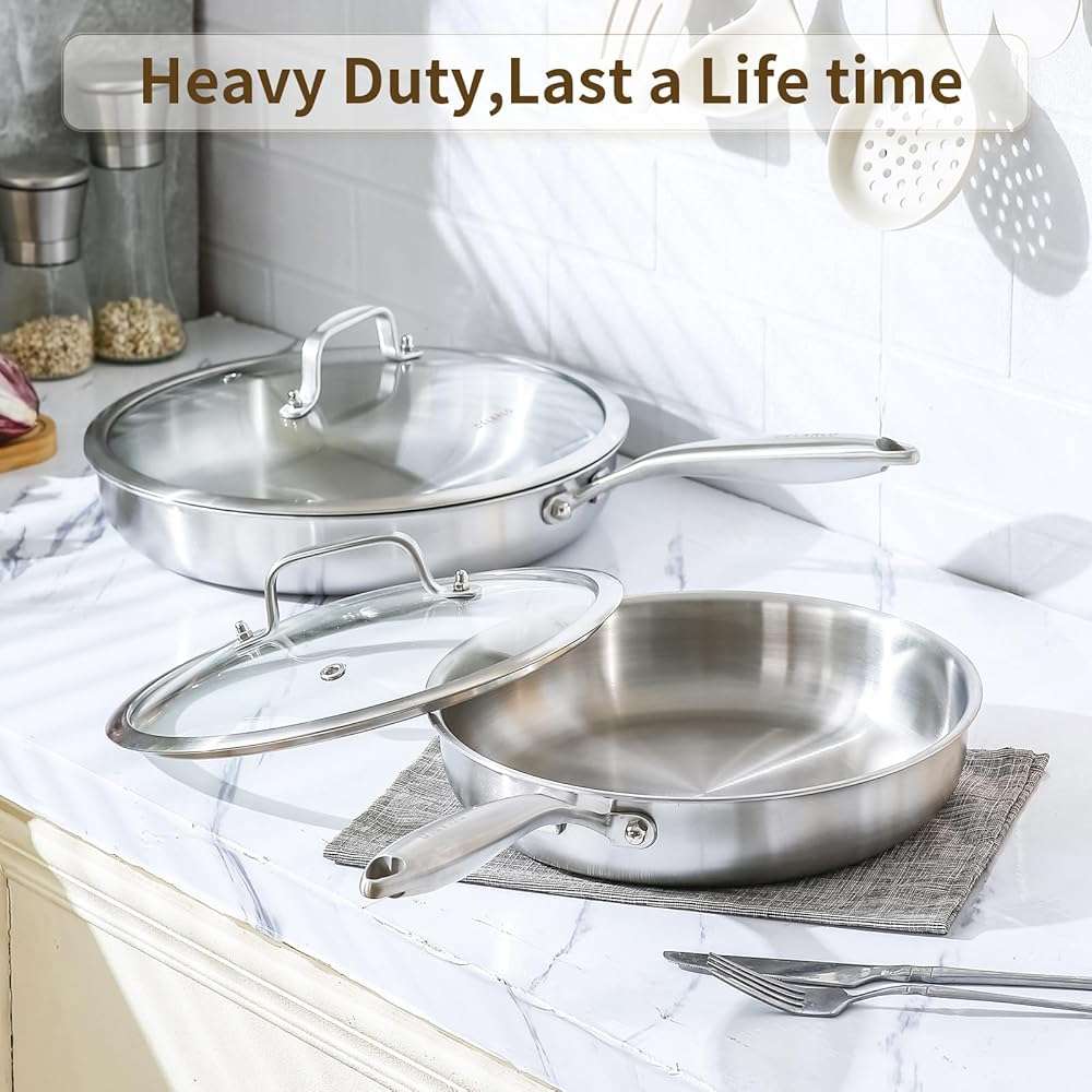 DELARLO Tri-Ply Stainless Steel Pan, 18/10 Frying Pan, Oven Safe Up to 600°F, Nontoxic Cookware, Compatible with All Cooktops Skillet, Durable, Fast Even Heat Fry Pan,12 inch Pan with Glass Lids - Image 2