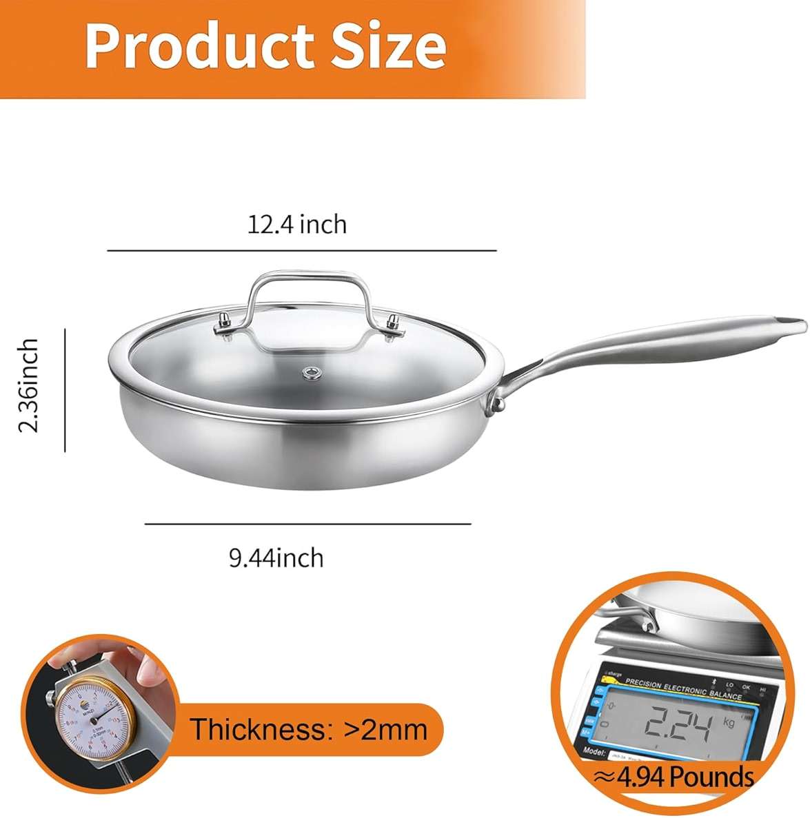 DELARLO Tri-Ply Stainless Steel Pan, 18/10 Frying Pan, Oven Safe Up to 600°F, Nontoxic Cookware, Compatible with All Cooktops Skillet, Durable, Fast Even Heat Fry Pan,12 inch Pan with Glass Lids - Image 3