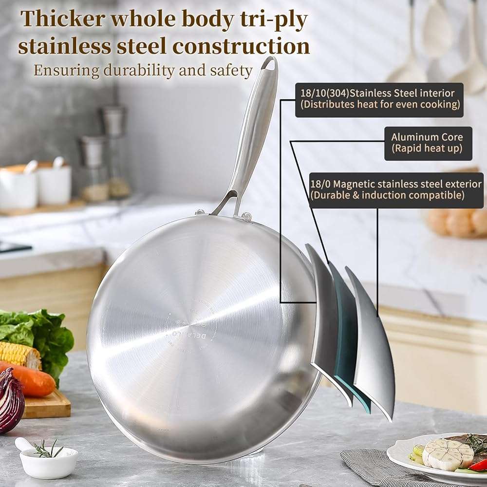 DELARLO Tri-Ply Stainless Steel Pan, 18/10 Frying Pan, Oven Safe Up to 600°F, Nontoxic Cookware, Compatible with All Cooktops Skillet, Durable, Fast Even Heat Fry Pan,12 inch Pan with Glass Lids - Image 4