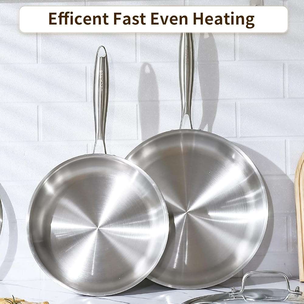 DELARLO Tri-Ply Stainless Steel Pan, 18/10 Frying Pan, Oven Safe Up to 600°F, Nontoxic Cookware, Compatible with All Cooktops Skillet, Durable, Fast Even Heat Fry Pan,12 inch Pan with Glass Lids - Image 5