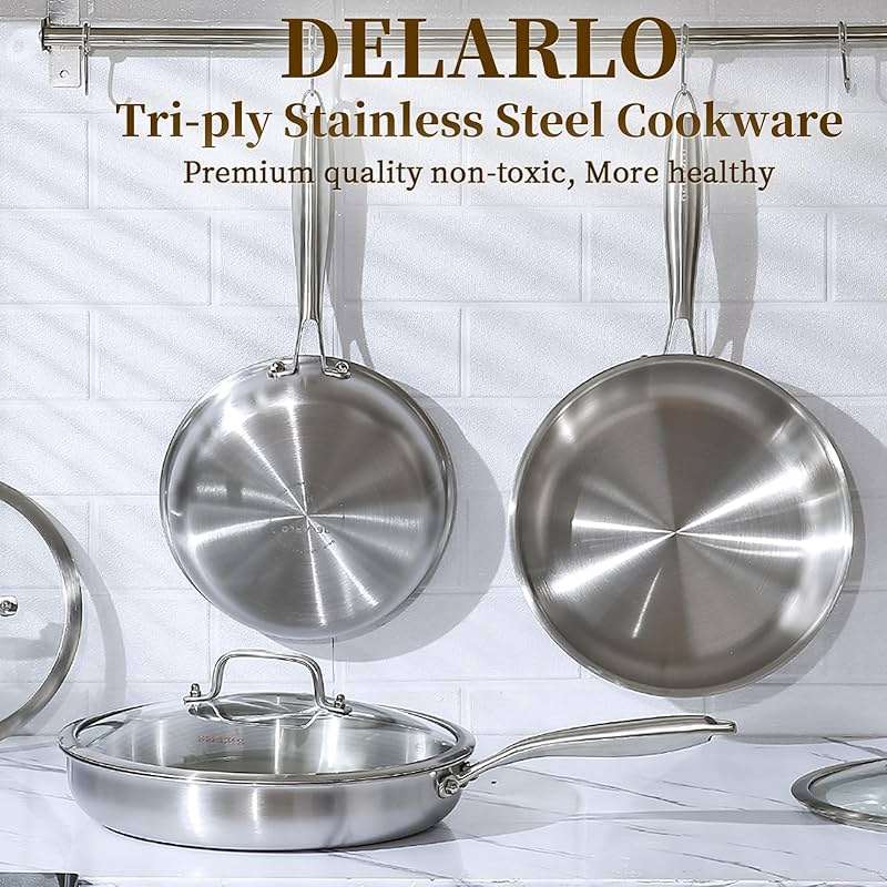 DELARLO Tri-Ply Stainless Steel Pan, 18/10 Frying Pan, Oven Safe Up to 600°F, Nontoxic Cookware, Compatible with All Cooktops Skillet, Durable, Fast Even Heat Fry Pan,12 inch Pan with Glass Lids - Image 6