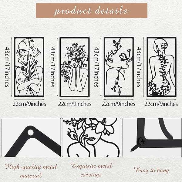 Cindeer 4 Pcs Metal Wall Art Decor Minimalist Abstract Woman Wall Art Line Drawing metal line art Home Hanging Art Decor for Bedroom Kitchen Bathroom Living Room(Fresh,Black) - Image 2