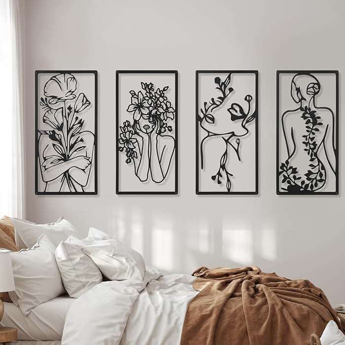Cindeer 4 Pcs Metal Wall Art Decor Minimalist Abstract Woman Wall Art Line Drawing metal line art Home Hanging Art Decor for Bedroom Kitchen Bathroom Living Room(Fresh,Black) - Image 6