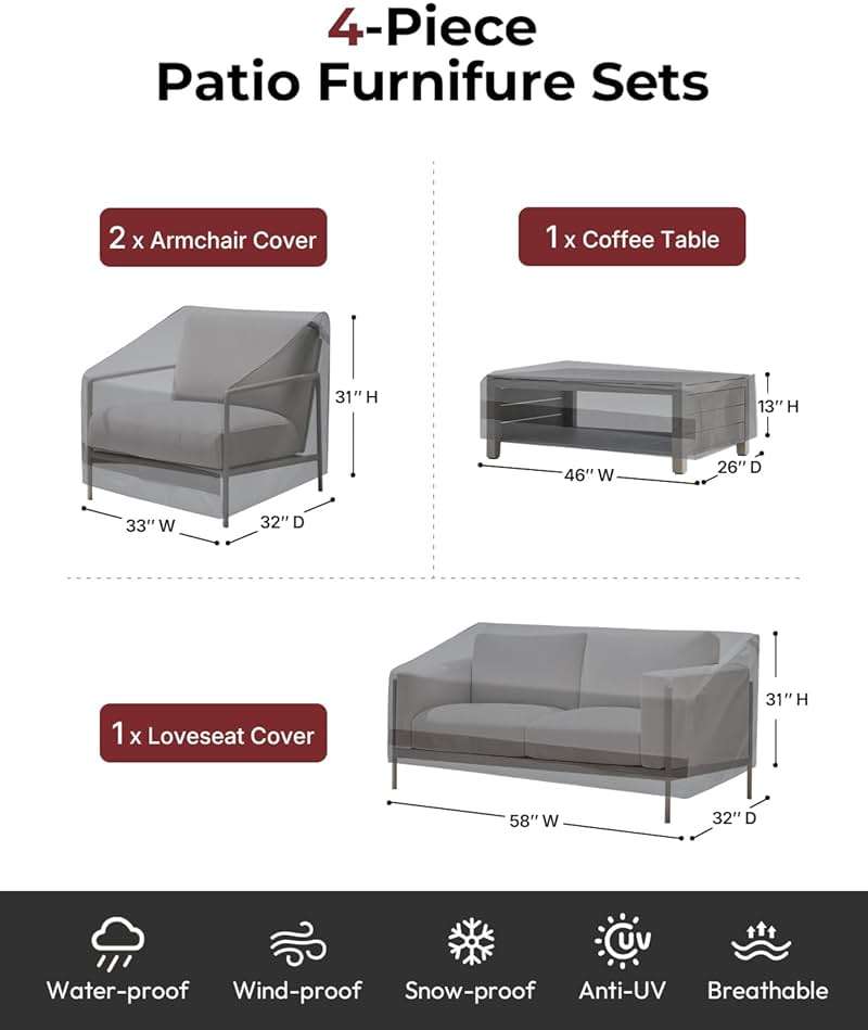 Loriano Patio Furniture Covers 4 Piece Set, Outdoor Waterproof, Heavy Duty 600D Lawn Patio Covers Grey-Black - Image 2