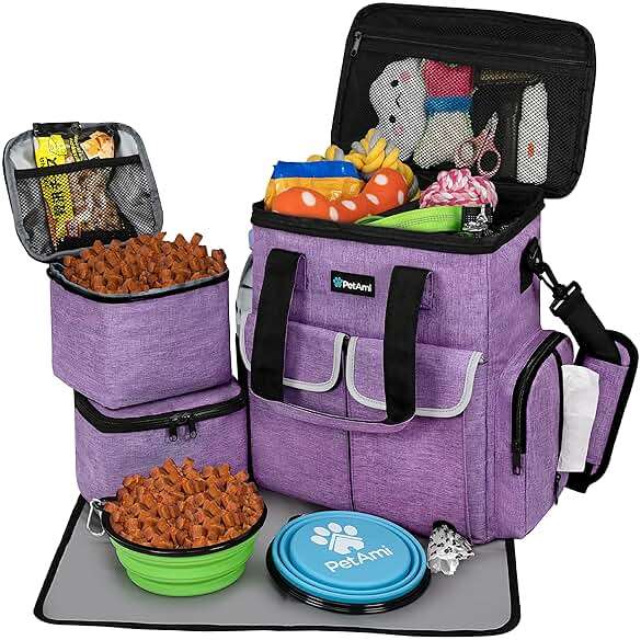 PetAmi Dog Travel Bag Pet Supplies Accessories Organizer for Traveling, Camping, Weekend; Cat Pet Travel Bag Kit Includes 2 Food Storage Containers, 2 Collapsible Bowls, 1 Feeding Mat (Purple) - Image 1