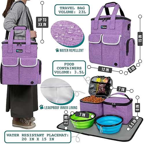 PetAmi Dog Travel Bag Pet Supplies Accessories Organizer for Traveling, Camping, Weekend; Cat Pet Travel Bag Kit Includes 2 Food Storage Containers, 2 Collapsible Bowls, 1 Feeding Mat (Purple) - Image 2
