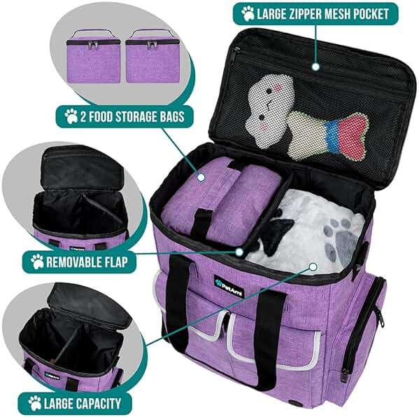 PetAmi Dog Travel Bag Pet Supplies Accessories Organizer for Traveling, Camping, Weekend; Cat Pet Travel Bag Kit Includes 2 Food Storage Containers, 2 Collapsible Bowls, 1 Feeding Mat (Purple) - Image 5