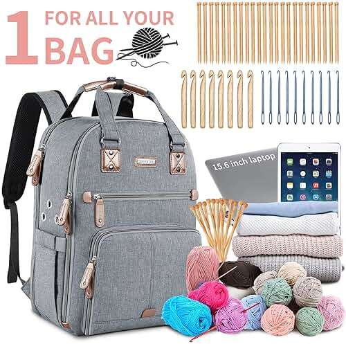 SINVICKO Crochet Bag, Knitting Bag Backpack and Totes Organizer with USB Charging Port, Large Yarn Storage Tote Bag - Image 2