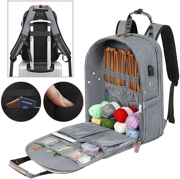SINVICKO Crochet Bag, Knitting Bag Backpack and Totes Organizer with USB Charging Port, Large Yarn Storage Tote Bag - Image 4