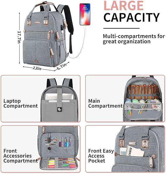 SINVICKO Crochet Bag, Knitting Bag Backpack and Totes Organizer with USB Charging Port, Large Yarn Storage Tote Bag - Image 6