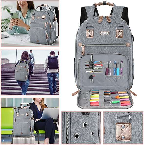 SINVICKO Crochet Bag, Knitting Bag Backpack and Totes Organizer with USB Charging Port, Large Yarn Storage Tote Bag - Image 7