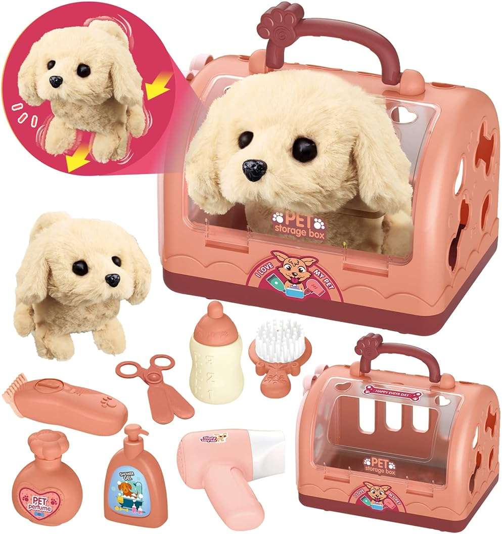 TEUVO Pet Care Play Set Robot Dog Toys for Kids 12Pcs Puppy Dog Toy Pet Walk Grooming Vet Toys Set with Interactive Electric Dog Plush & Cage Pretend Play Gifts for Girls Toddlers 3 4 5 6 7 8 Year Old - Image 1
