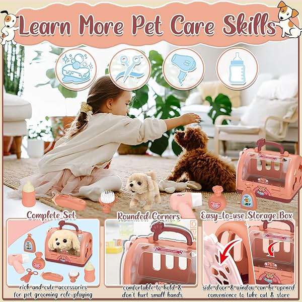 TEUVO Pet Care Play Set Robot Dog Toys for Kids 12Pcs Puppy Dog Toy Pet Walk Grooming Vet Toys Set with Interactive Electric Dog Plush & Cage Pretend Play Gifts for Girls Toddlers 3 4 5 6 7 8 Year Old - Image 3