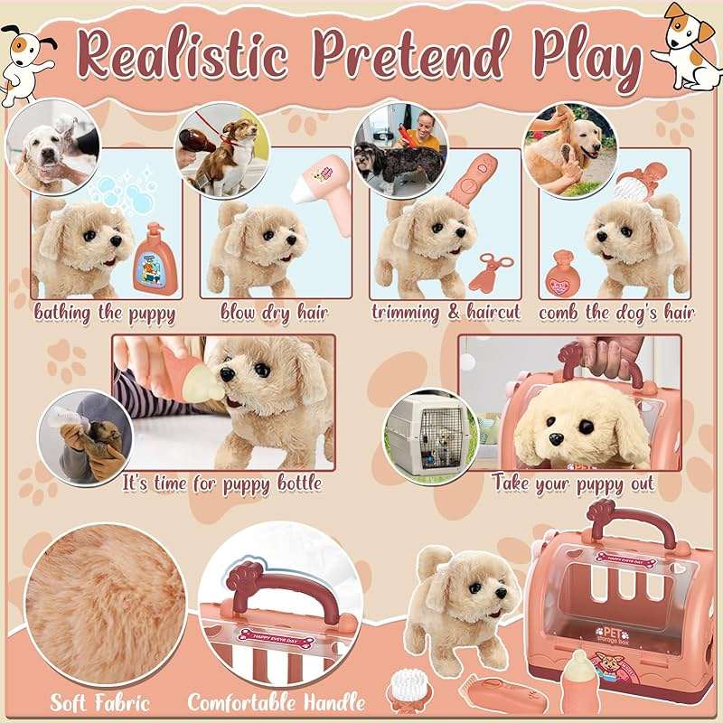 TEUVO Pet Care Play Set Robot Dog Toys for Kids 12Pcs Puppy Dog Toy Pet Walk Grooming Vet Toys Set with Interactive Electric Dog Plush & Cage Pretend Play Gifts for Girls Toddlers 3 4 5 6 7 8 Year Old - Image 4