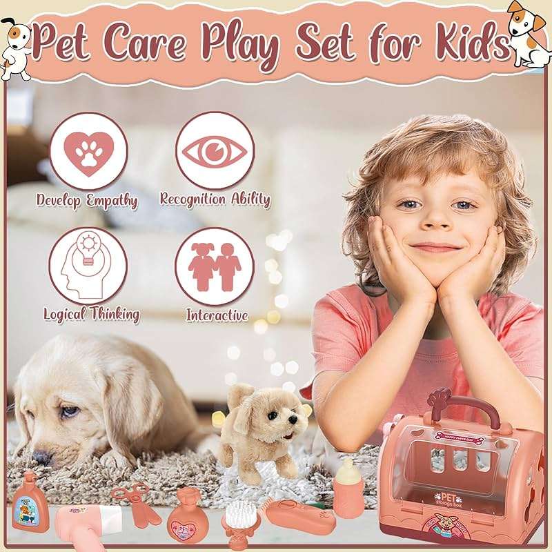 TEUVO Pet Care Play Set Robot Dog Toys for Kids 12Pcs Puppy Dog Toy Pet Walk Grooming Vet Toys Set with Interactive Electric Dog Plush & Cage Pretend Play Gifts for Girls Toddlers 3 4 5 6 7 8 Year Old - Image 6
