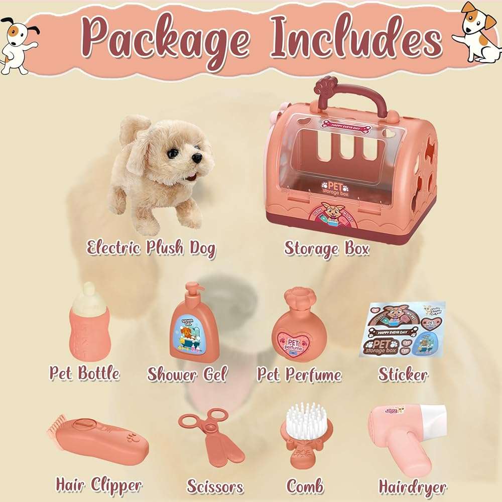 TEUVO Pet Care Play Set Robot Dog Toys for Kids 12Pcs Puppy Dog Toy Pet Walk Grooming Vet Toys Set with Interactive Electric Dog Plush & Cage Pretend Play Gifts for Girls Toddlers 3 4 5 6 7 8 Year Old - Image 8