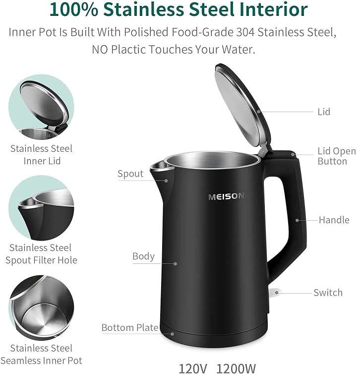 MEISON Electric Kettle, 1.7 L Double Wall Food Grade Stainless Steel Interior Water Boiler, Coffee Pot & Tea Kettle, Auto Shut-Off and Boil-Dry Protection, 1200W, 2 Year Warranty(Black) - Image 2