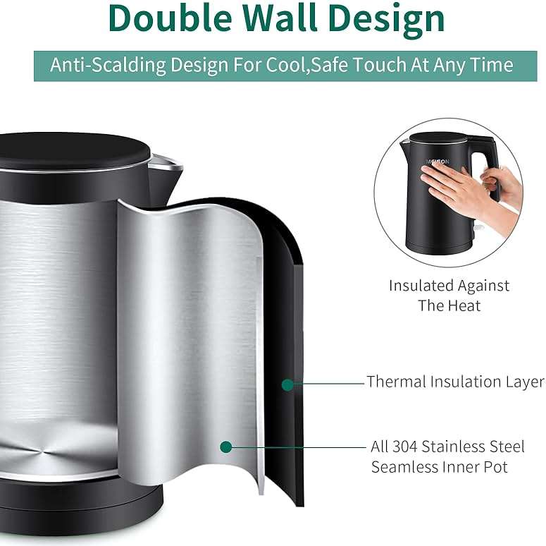 MEISON Electric Kettle, 1.7 L Double Wall Food Grade Stainless Steel Interior Water Boiler, Coffee Pot & Tea Kettle, Auto Shut-Off and Boil-Dry Protection, 1200W, 2 Year Warranty(Black) - Image 3