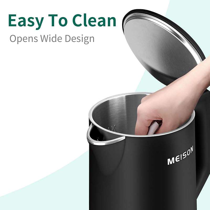MEISON Electric Kettle, 1.7 L Double Wall Food Grade Stainless Steel Interior Water Boiler, Coffee Pot & Tea Kettle, Auto Shut-Off and Boil-Dry Protection, 1200W, 2 Year Warranty(Black) - Image 4