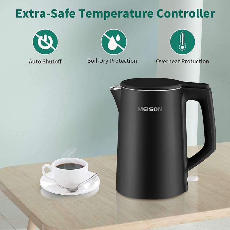 MEISON Electric Kettle, 1.7 L Double Wall Food Grade Stainless Steel Interior Water Boiler, Coffee Pot & Tea Kettle, Auto Shut-Off and Boil-Dry Protection, 1200W, 2 Year Warranty(Black) - Image 6