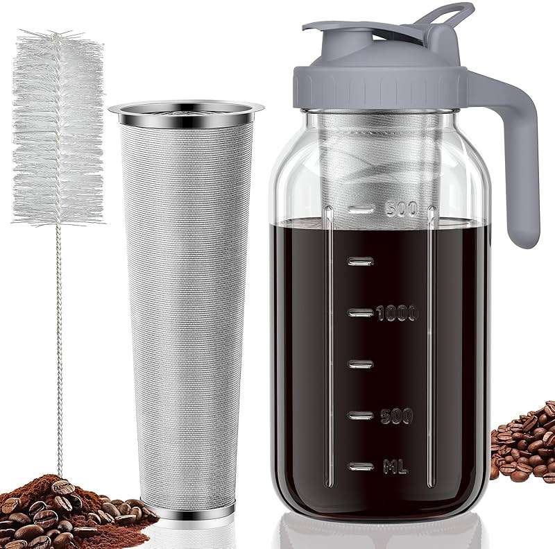 JunVpic Cold Brew Coffee Maker Jar - 64oz Wide Mouth,LeakProof,Heavy Duty Glass Mason Pitcher with Spout Lid,Handle & Stainless Steel Filter for Iced Coffee,Lemonade,Ice Tea & Fruit Drinks - Image 1