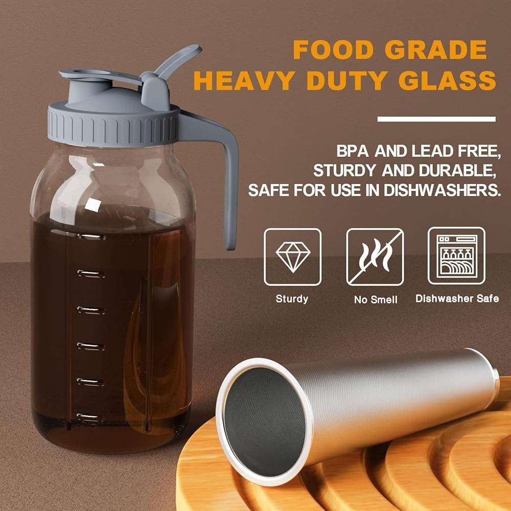 JunVpic Cold Brew Coffee Maker Jar - 64oz Wide Mouth,LeakProof,Heavy Duty Glass Mason Pitcher with Spout Lid,Handle & Stainless Steel Filter for Iced Coffee,Lemonade,Ice Tea & Fruit Drinks - Image 4