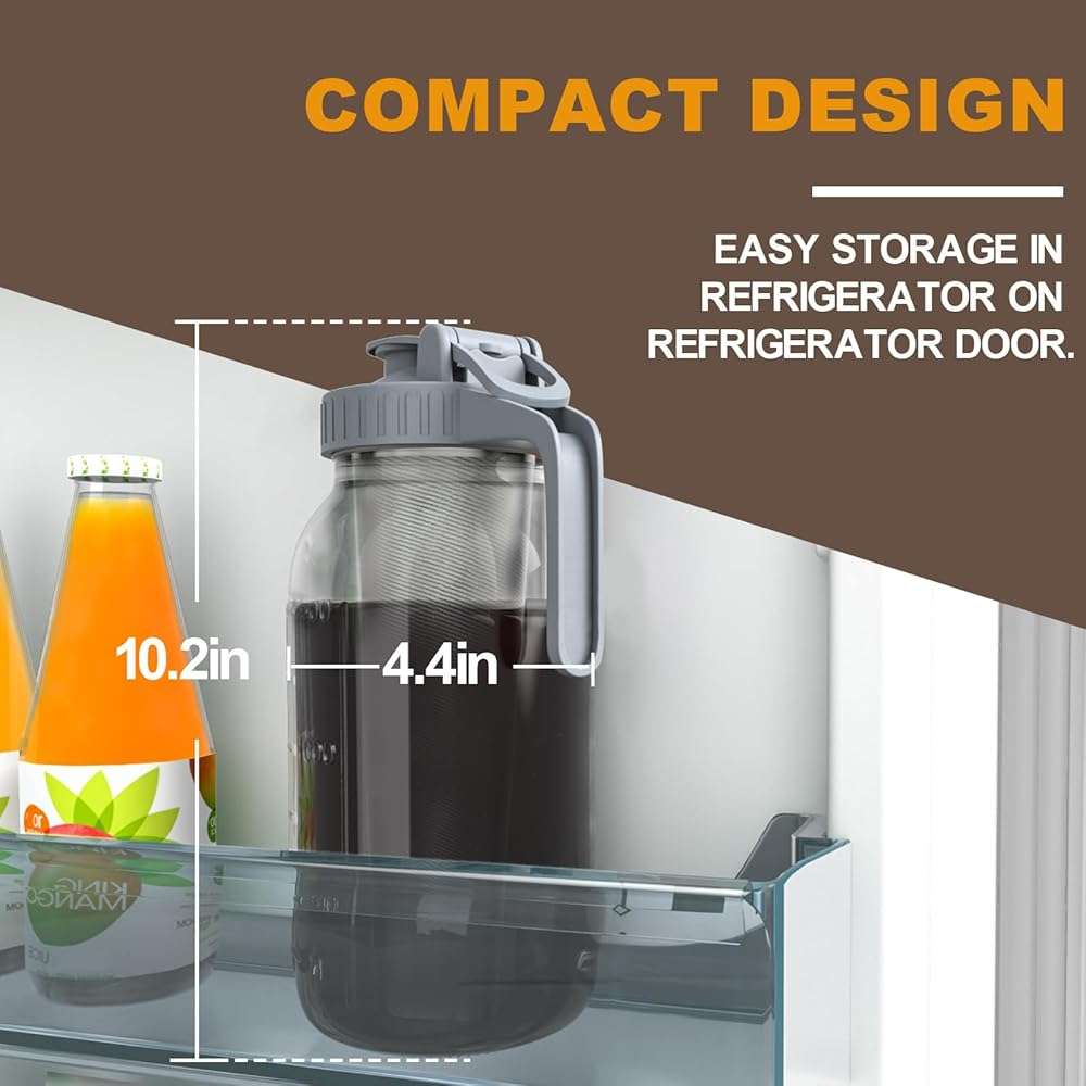 JunVpic Cold Brew Coffee Maker Jar - 64oz Wide Mouth,LeakProof,Heavy Duty Glass Mason Pitcher with Spout Lid,Handle & Stainless Steel Filter for Iced Coffee,Lemonade,Ice Tea & Fruit Drinks - Image 5