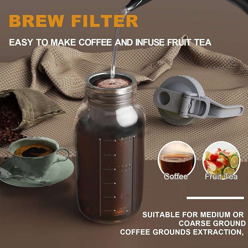 JunVpic Cold Brew Coffee Maker Jar - 64oz Wide Mouth,LeakProof,Heavy Duty Glass Mason Pitcher with Spout Lid,Handle & Stainless Steel Filter for Iced Coffee,Lemonade,Ice Tea & Fruit Drinks - Image 6