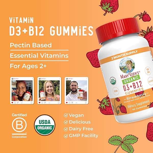 MARYRUTH'S Organic Vitamin D3 + B12 Gummies for Ages 4+ | Bone Health | Immune Support | Energy Metabolism | Cognitive Function | Vegan | Non-GMO | Gluten Free | 60 Servings | 2 Month Supply - Image 8