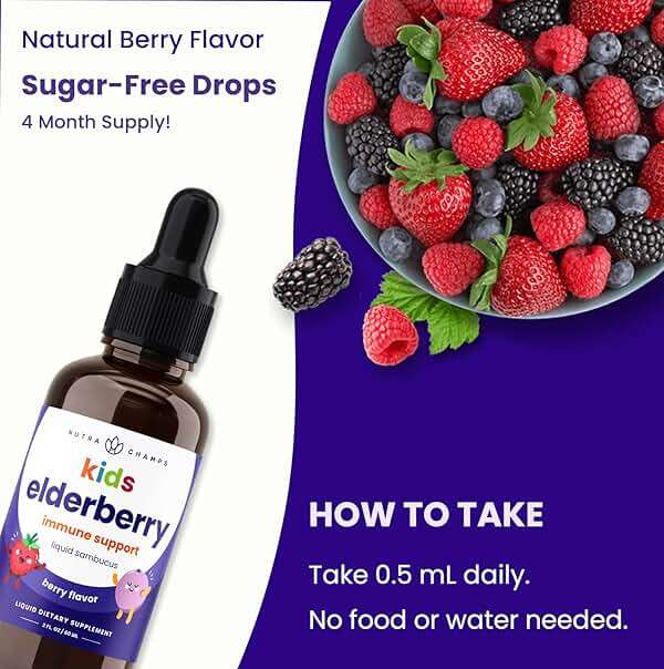 NutraChamps Black Elderberry for Kids Liquid Drops, 10:1 Extract Sambucus Elderberry Syrup for Kids, Sugar-Free European Elderberry Drops Berry Flavor, Immune Support, 4 Month Supply - Image 4