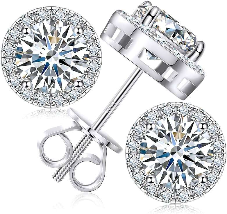 Moissanite Halo Earrings Stud Screw Back 0.2-8.0ct 3-10mm 18K White Gold Plated 925 Sterling Silver Lab Round Cut Brilliant Moissanite Halo Earrings for Women Men - Image 1