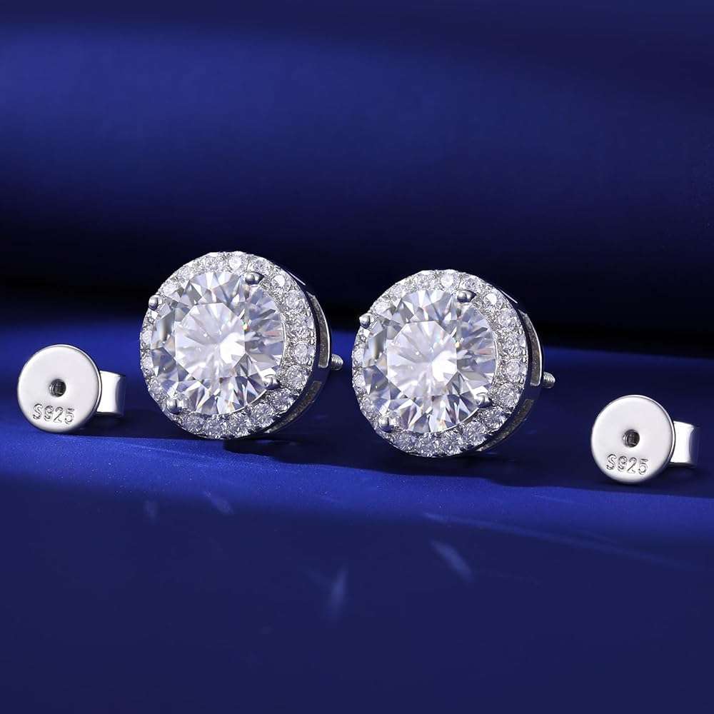 Moissanite Halo Earrings Stud Screw Back 0.2-8.0ct 3-10mm 18K White Gold Plated 925 Sterling Silver Lab Round Cut Brilliant Moissanite Halo Earrings for Women Men - Image 7