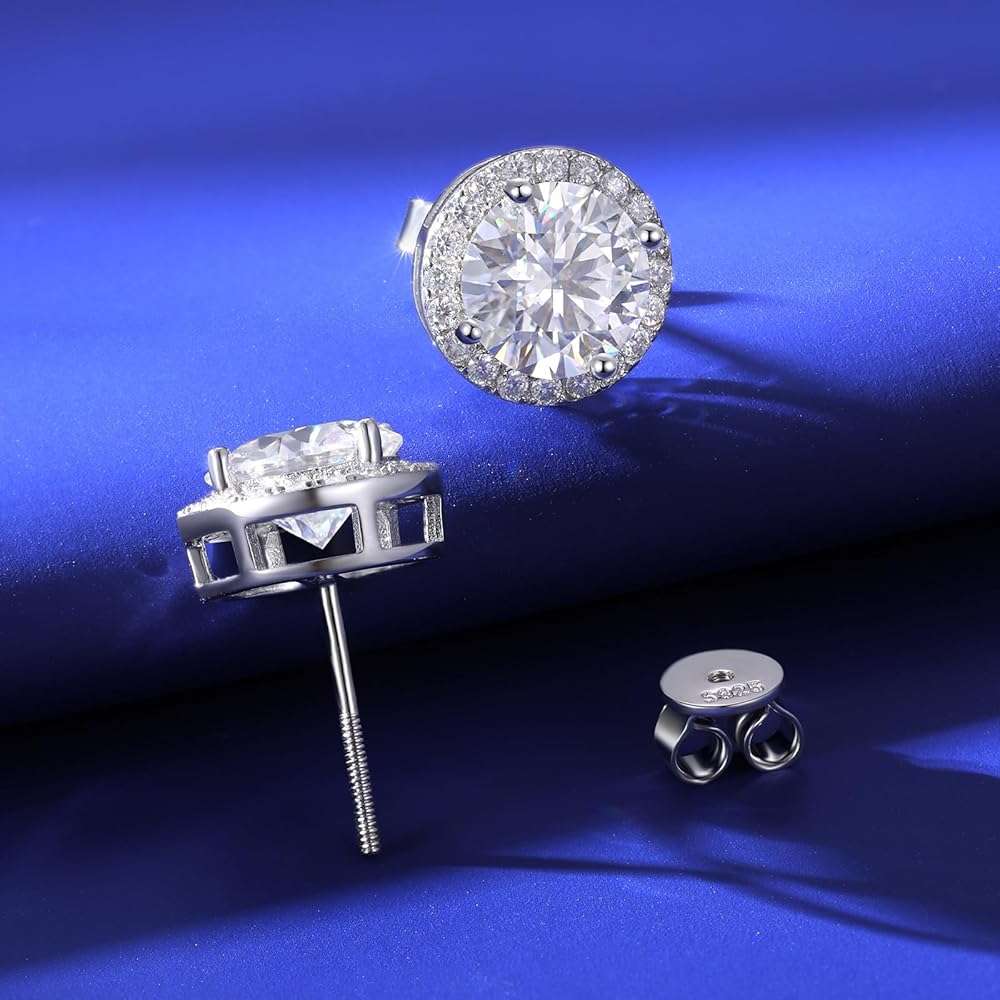 Moissanite Halo Earrings Stud Screw Back 0.2-8.0ct 3-10mm 18K White Gold Plated 925 Sterling Silver Lab Round Cut Brilliant Moissanite Halo Earrings for Women Men - Image 8