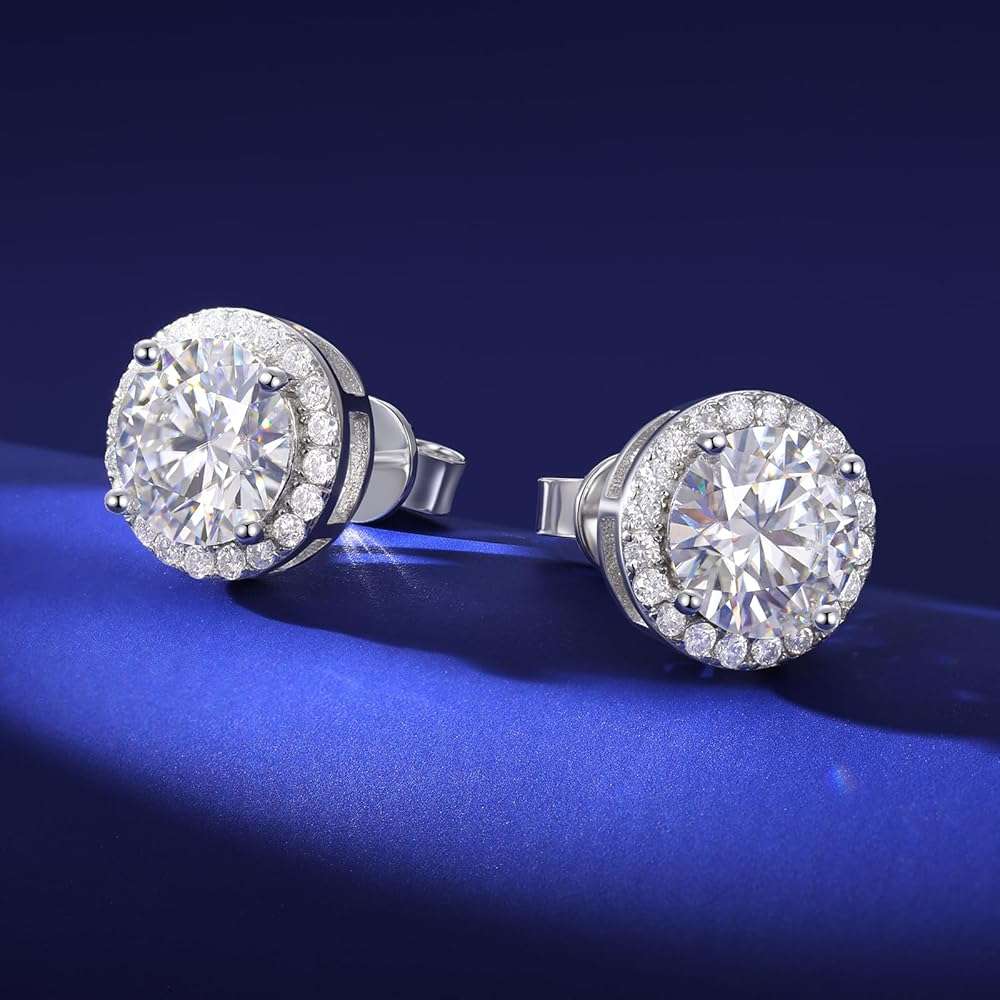 Moissanite Halo Earrings Stud Screw Back 0.2-8.0ct 3-10mm 18K White Gold Plated 925 Sterling Silver Lab Round Cut Brilliant Moissanite Halo Earrings for Women Men - Image 9