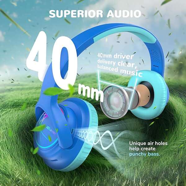 iClever Kids Bluetooth Headphones with LED Lights, 43H Playtime, Type-C Fast Charging, BTH18 Safe Volume 74/85dBA, Bluetooth5.3,Toddler Headphones Aux Cord for iPad/Tablet/Travel/School, Blue - Image 5