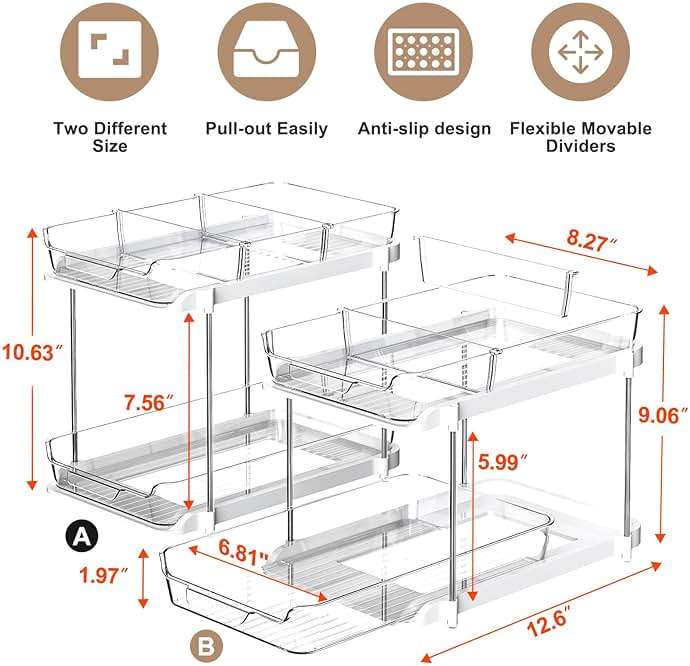 Delamu 2-Tier Multi-Purpose Bathroom Under Sink Organizers and Storage, Stackable Kitchen Pantry Organization, Pull Out Medicine Cabinet Organizer with Movable Dividers, White, 2 Pack - Image 2