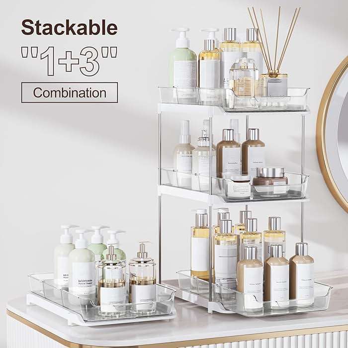 Delamu 2-Tier Multi-Purpose Bathroom Under Sink Organizers and Storage, Stackable Kitchen Pantry Organization, Pull Out Medicine Cabinet Organizer with Movable Dividers, White, 2 Pack - Image 3