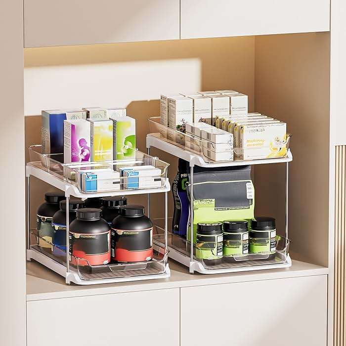 Delamu 2-Tier Multi-Purpose Bathroom Under Sink Organizers and Storage, Stackable Kitchen Pantry Organization, Pull Out Medicine Cabinet Organizer with Movable Dividers, White, 2 Pack - Image 6