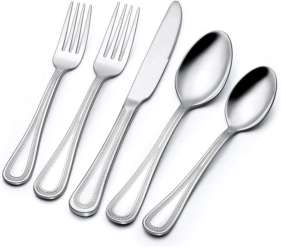 40 Piece Silverware Set for 8, Terlulu Stainless Steel Flatware Set, Mirror Polished Cutlery Set Utensil Set, Tableware Include Forks Spoons Knives for Home Restaurant, Beaded Handle, Dishwasher Safe - Image 1