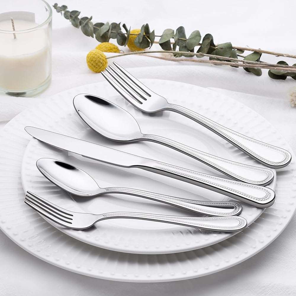 40 Piece Silverware Set for 8, Terlulu Stainless Steel Flatware Set, Mirror Polished Cutlery Set Utensil Set, Tableware Include Forks Spoons Knives for Home Restaurant, Beaded Handle, Dishwasher Safe - Image 2