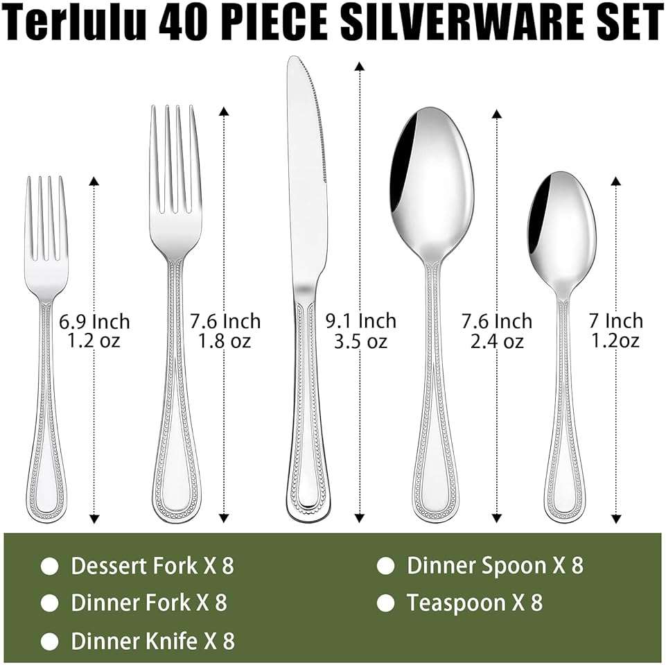 40 Piece Silverware Set for 8, Terlulu Stainless Steel Flatware Set, Mirror Polished Cutlery Set Utensil Set, Tableware Include Forks Spoons Knives for Home Restaurant, Beaded Handle, Dishwasher Safe - Image 3