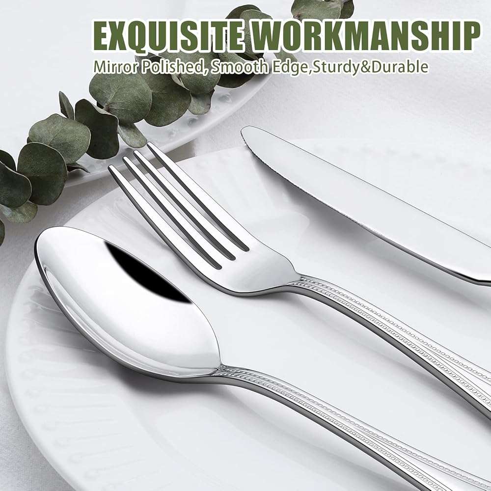 40 Piece Silverware Set for 8, Terlulu Stainless Steel Flatware Set, Mirror Polished Cutlery Set Utensil Set, Tableware Include Forks Spoons Knives for Home Restaurant, Beaded Handle, Dishwasher Safe - Image 4