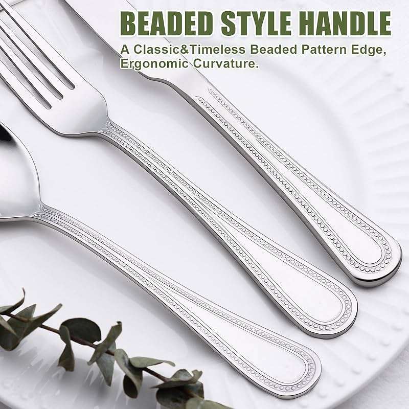 40 Piece Silverware Set for 8, Terlulu Stainless Steel Flatware Set, Mirror Polished Cutlery Set Utensil Set, Tableware Include Forks Spoons Knives for Home Restaurant, Beaded Handle, Dishwasher Safe - Image 5